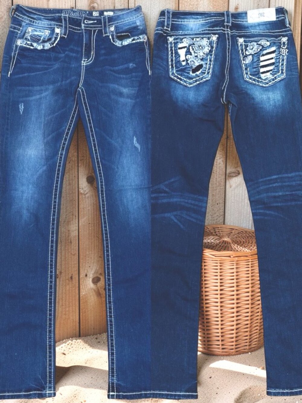 Y2K  Miss Me Jean Slim Boot 29"x33" Embellished  Rose Studs Ripped Dark Blue(79